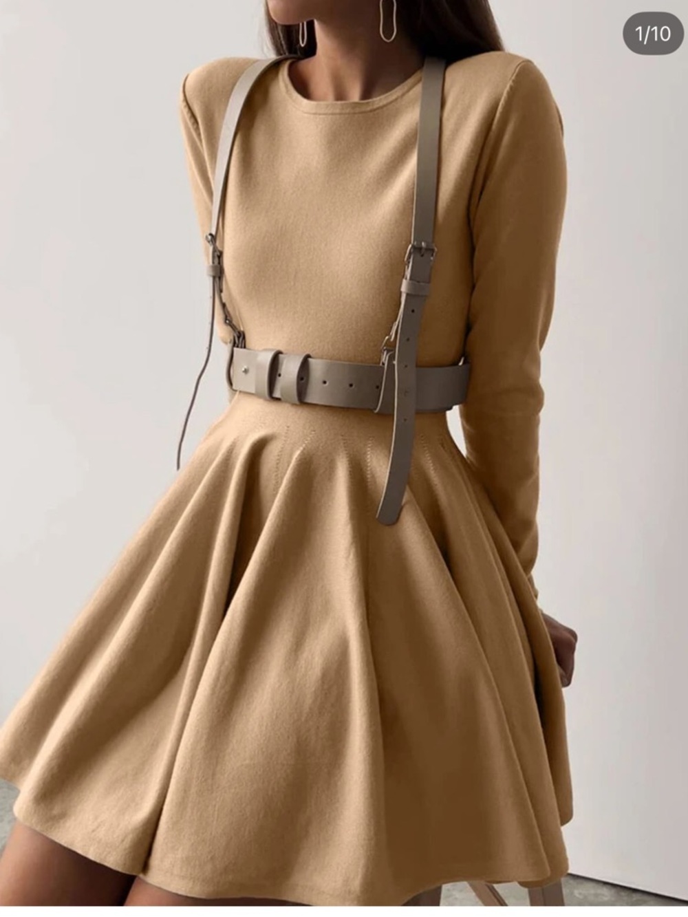 Commense plain pleated sweater short dress